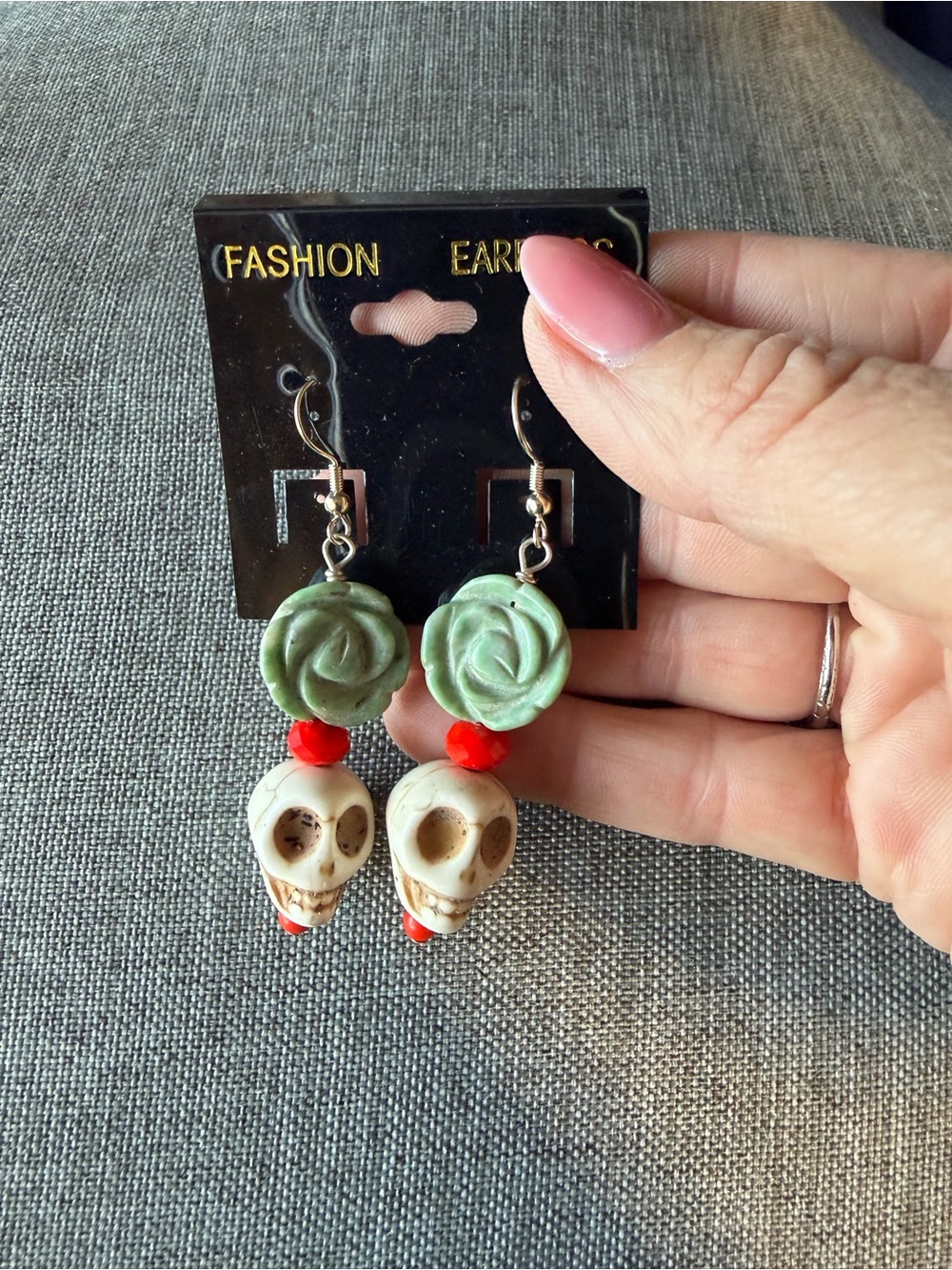 Green Rose Stone  & Stone Skull Drop Earrings with Red Crystal Accents